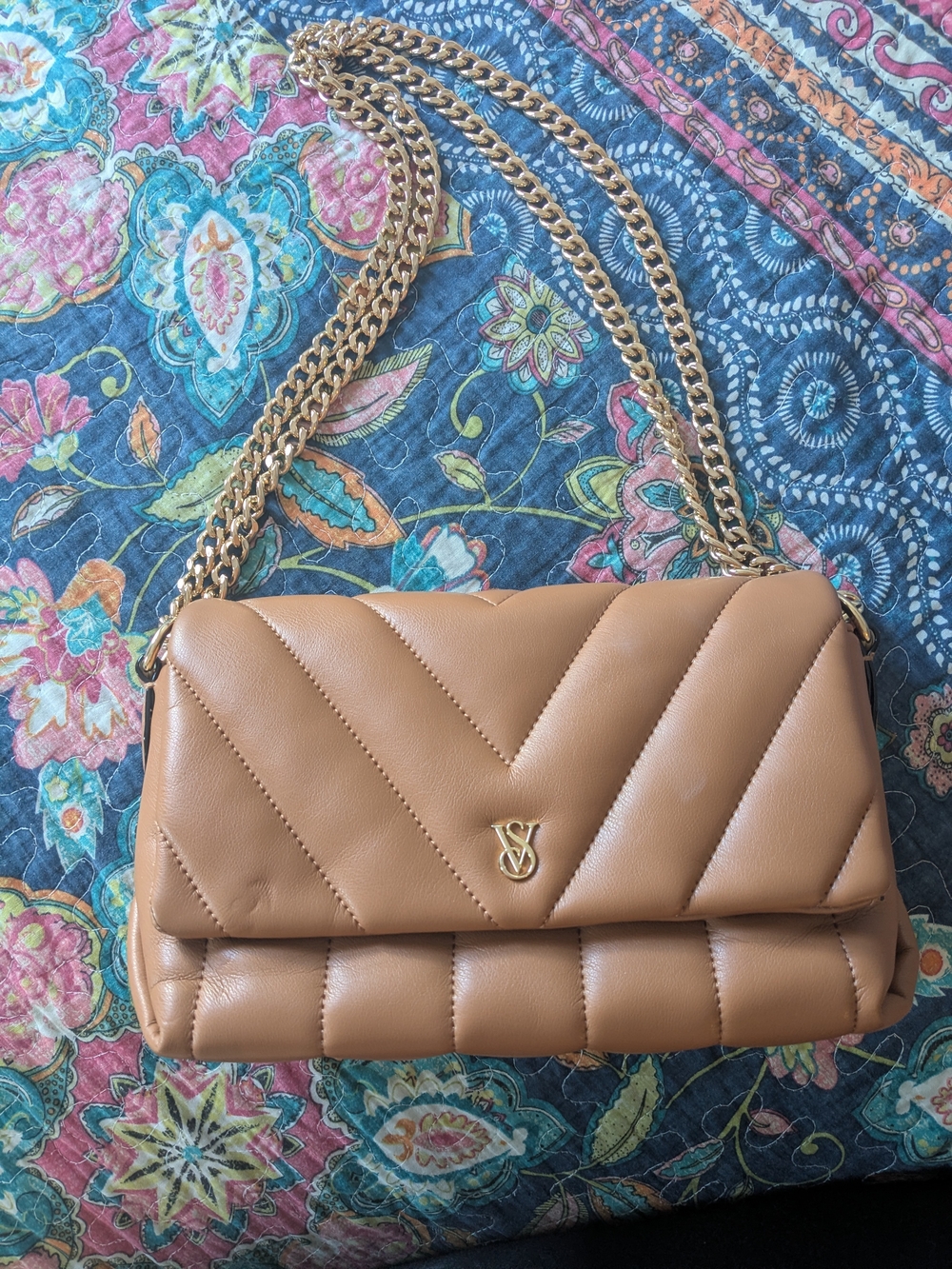 Victoria's Secret Camel Quilted Shoulder Bag with Gold Chain